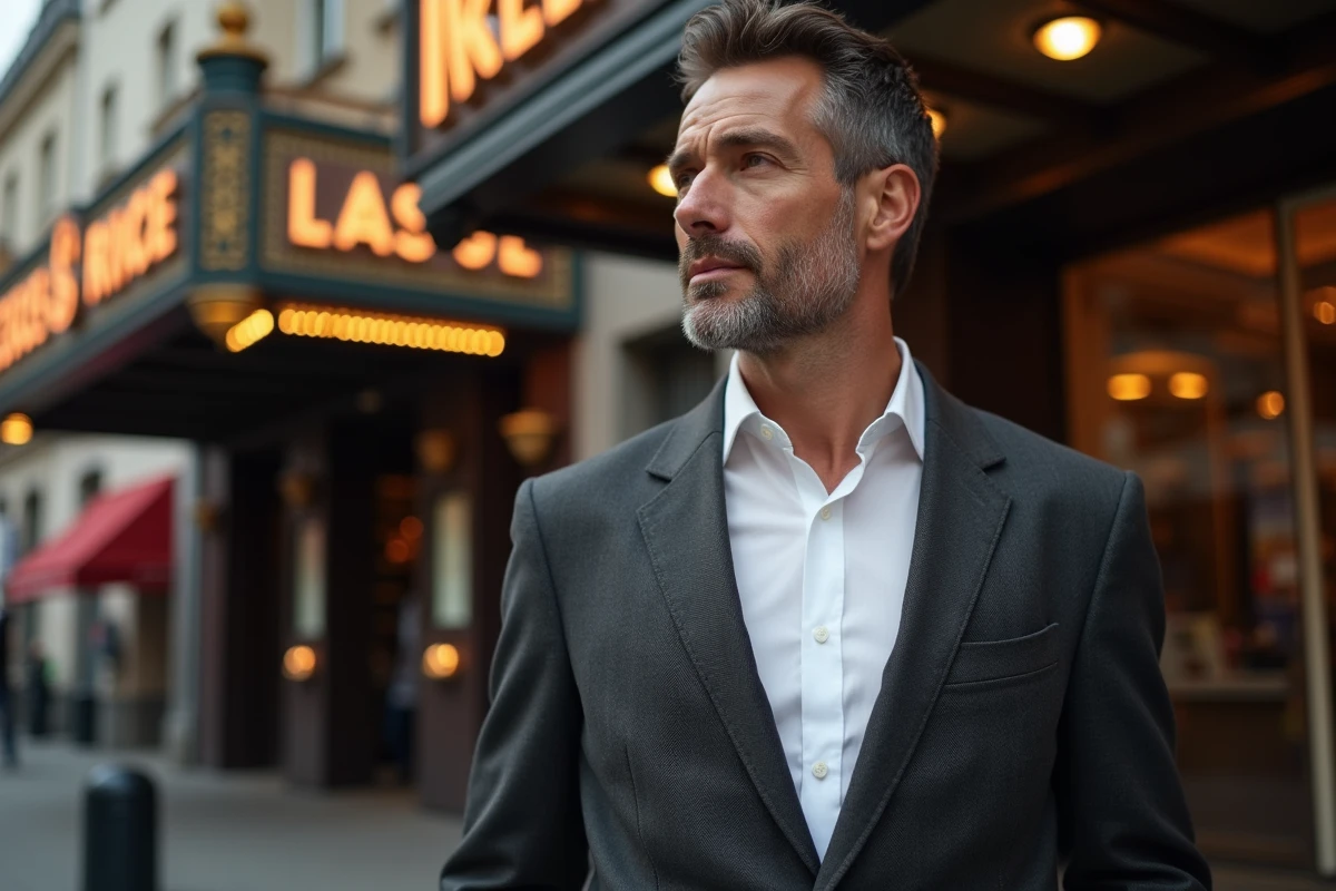 Acteur français en blazer devant un cinéma parisien, symbolisant la domination du box-office français en 2026
