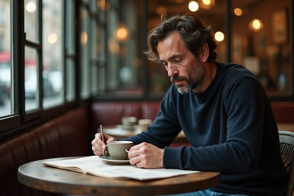 Acteur de cinéma français lisant un scénario dans un café parisien typique, illustrant les coulisses du succès au box-office