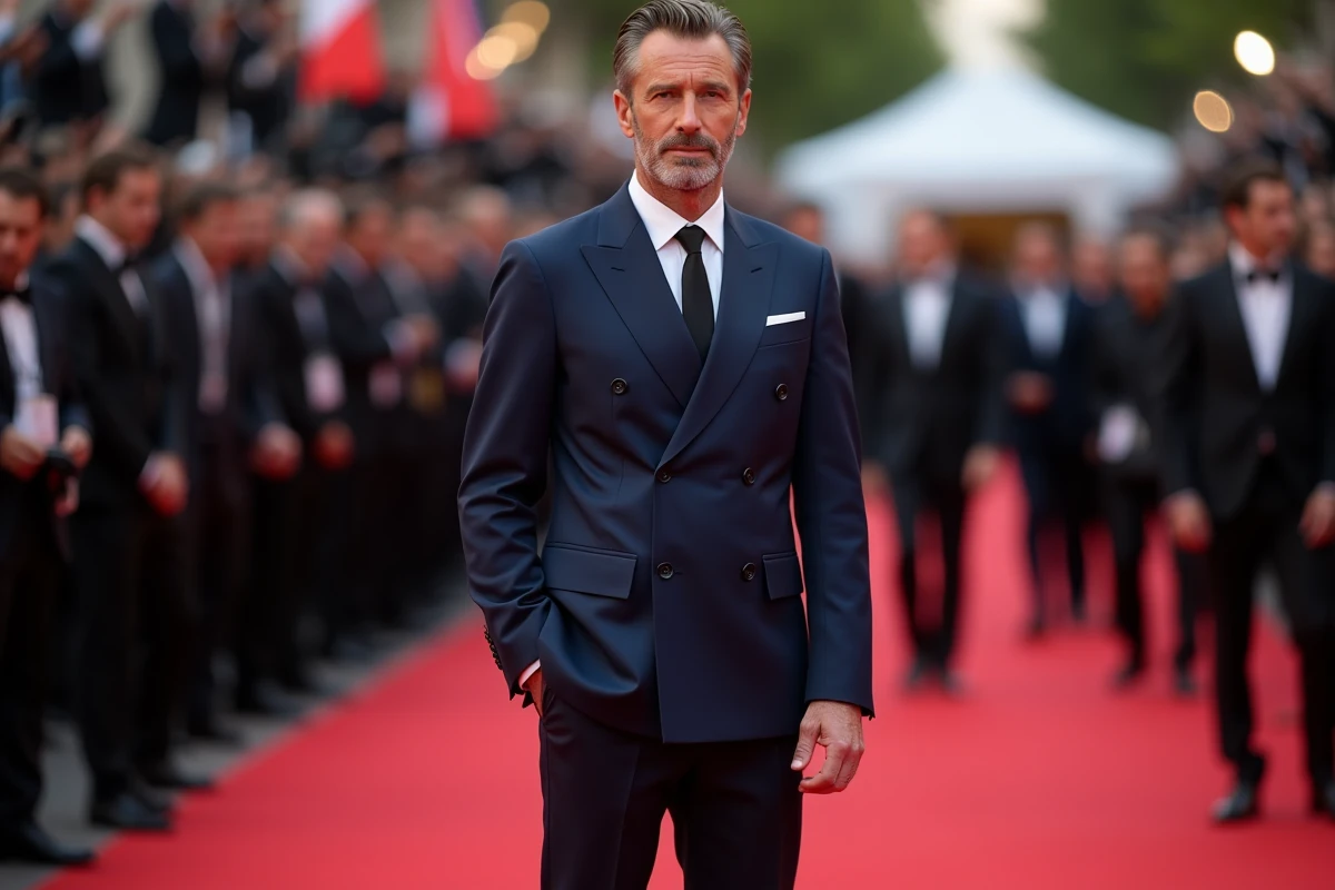 Acteur français en costume élégant sur un tapis rouge lors d'une cérémonie cinématographique, incarnant le succès commercial du cinéma français en 2026