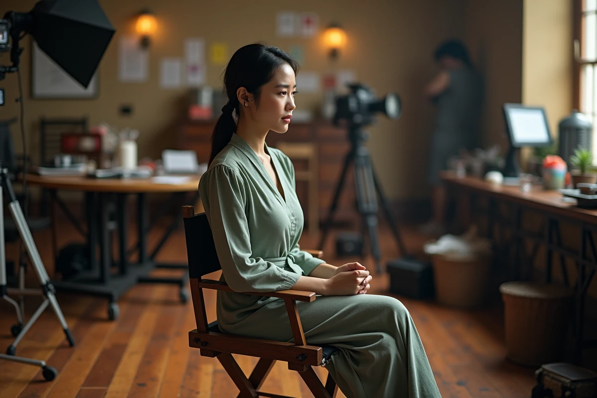 Actrice asiatique en costume de film sur un plateau de tournage