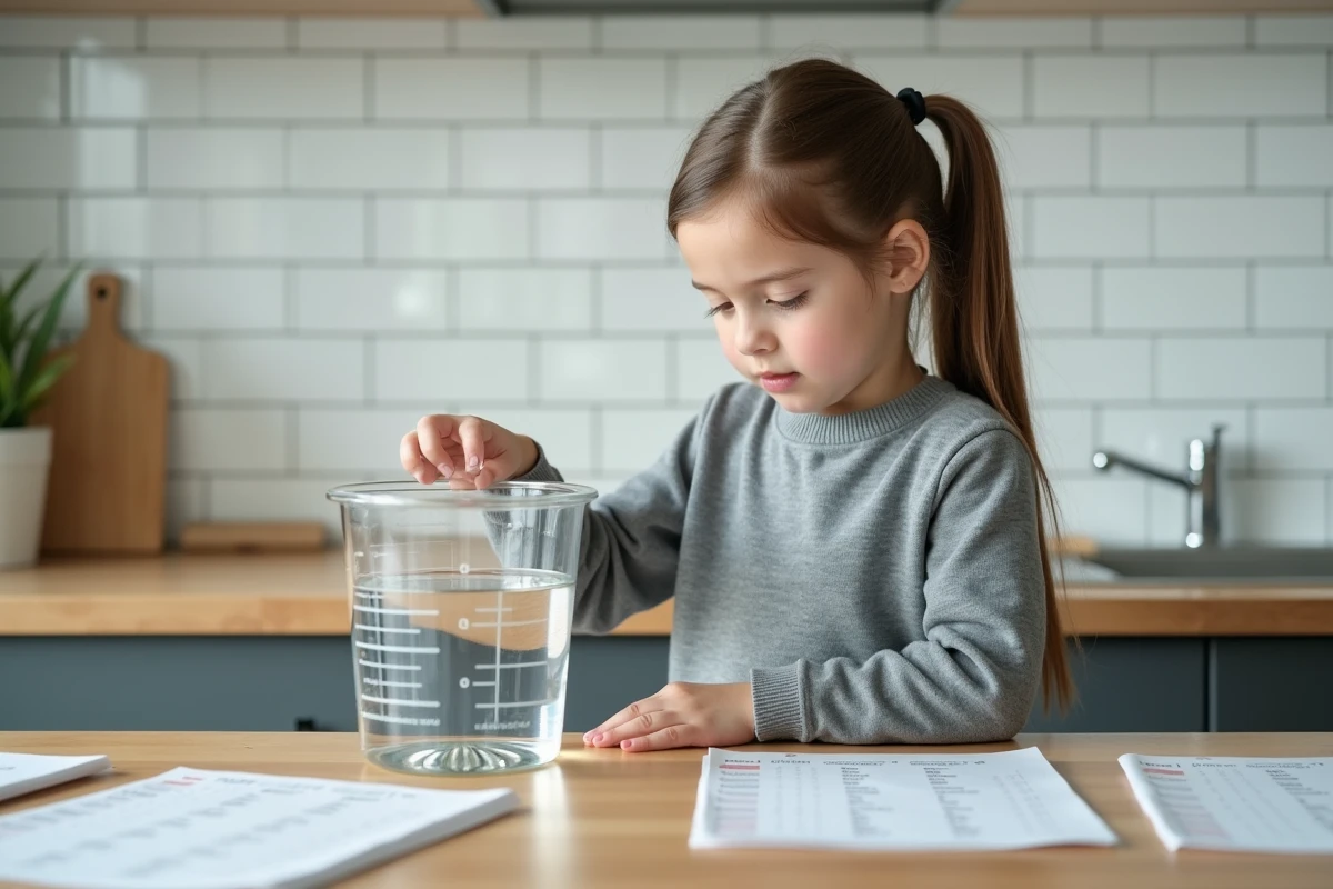 Adolescente mesurant des volumes avec une cruche d'un litre dans une cuisine pour comprendre la conversion en mètres cubes