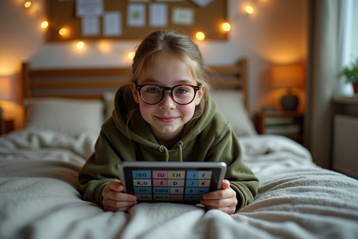 Adolescente allongée sur son lit jouant au Sutom sur tablette, routine de 5 minutes pour améliorer son vocabulaire chaque jour