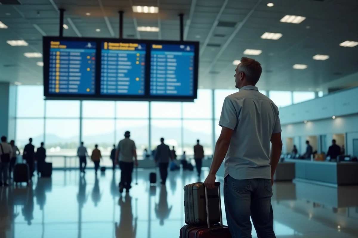 Voyageur consultant les horaires de départ à l'aéroport pour un vol vers La Réunion