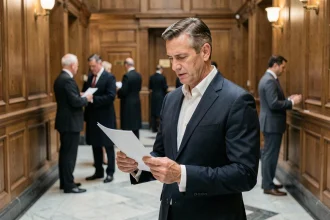Avocat en costume marine dans un couloir de palais de justice, consultant des documents lors d'une affaire judiciaire médiatisée
