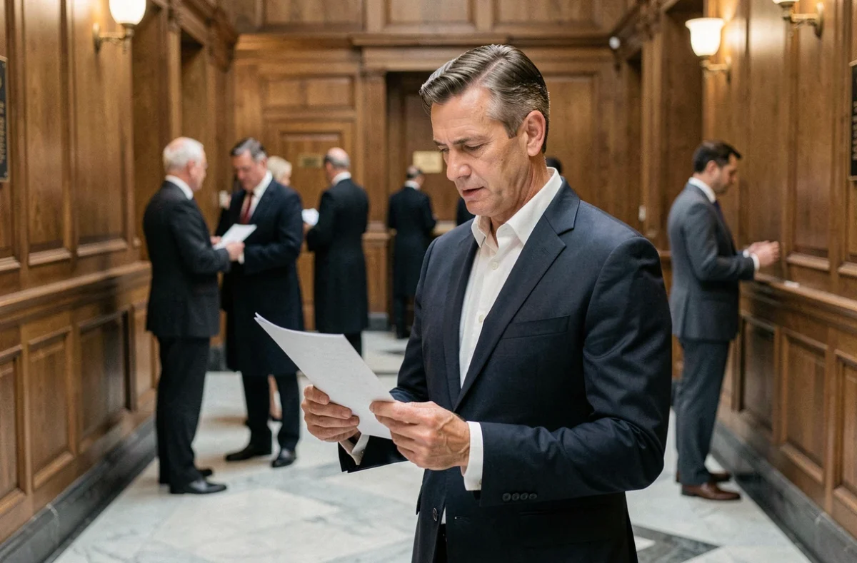 Avocat en costume marine dans un couloir de palais de justice, consultant des documents lors d'une affaire judiciaire médiatisée