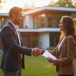 Agent immobilier serrant la main d'un couple devant une maison moderne