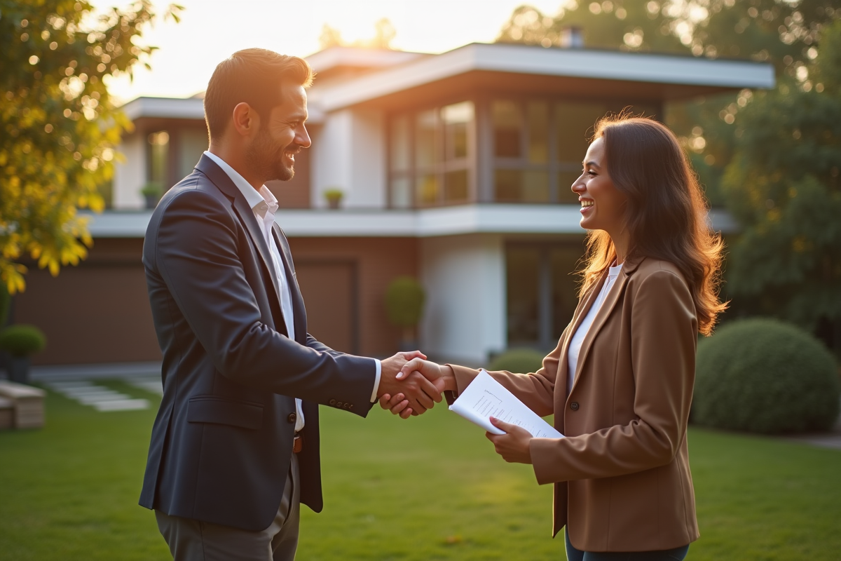 Agent immobilier serrant la main d'un couple devant une maison moderne