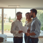 Agent immobilier et couple dans un salon lumineux pour l'immobilier