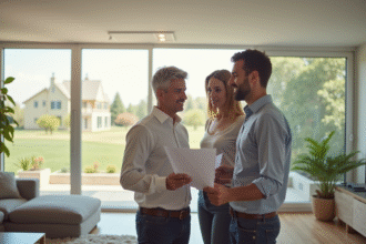 Agent immobilier et couple dans un salon lumineux pour l'immobilier