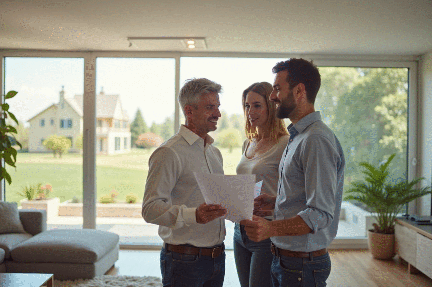 Agent immobilier et couple dans un salon lumineux pour l'immobilier