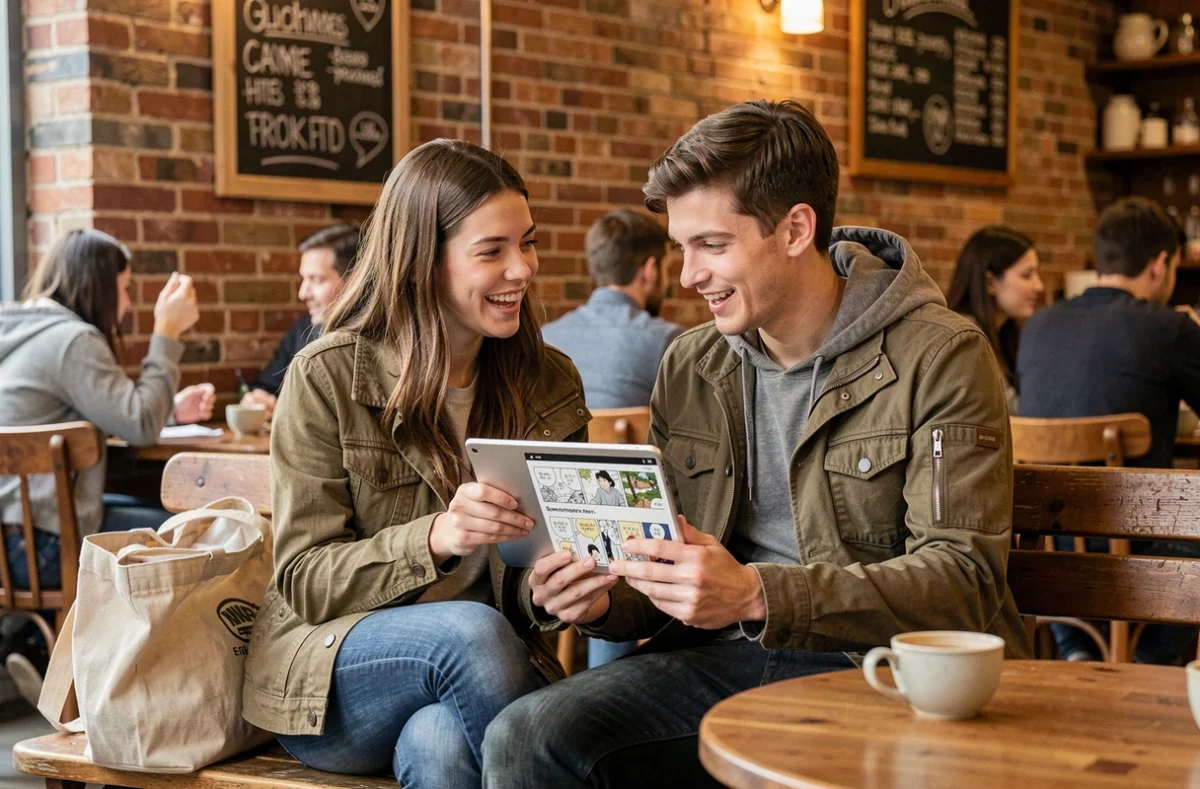 Deux jeunes adultes discutant de leurs prochains mangas à lire sur une tablette dans un café urbain animé