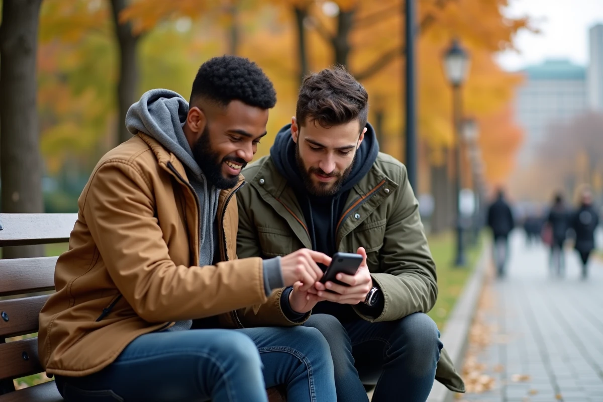 Deux amis consultant un smartphone dans un parc pour économiser sur leurs appels vers l'Algérie