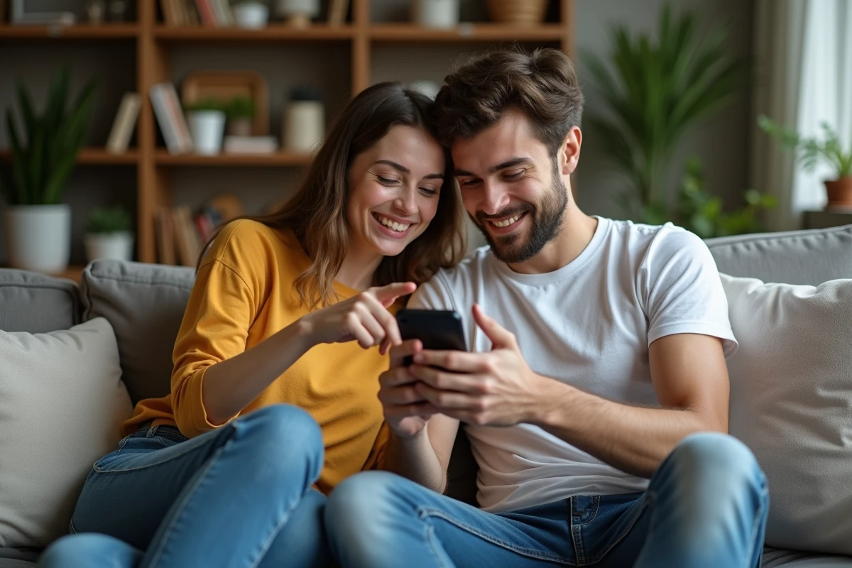 Deux amis cherchant ensemble la solution d'un mot de 8 lettres dans un jeu mobile