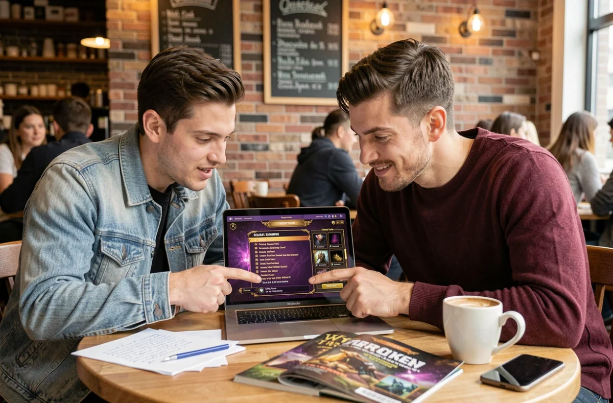 Deux amis consultant une stratégie de quête sur un ordinateur portable dans un café urbain