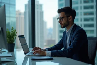 Jeune professionnel analysant la blockchain dans un bureau moderne