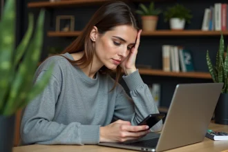 Femme utilisant un annuaire inversé gratuit sur ordinateur pour identifier un numéro de téléphone mobile