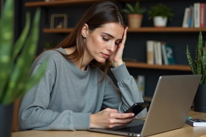 Femme utilisant un annuaire inversé gratuit sur ordinateur pour identifier un numéro de téléphone mobile