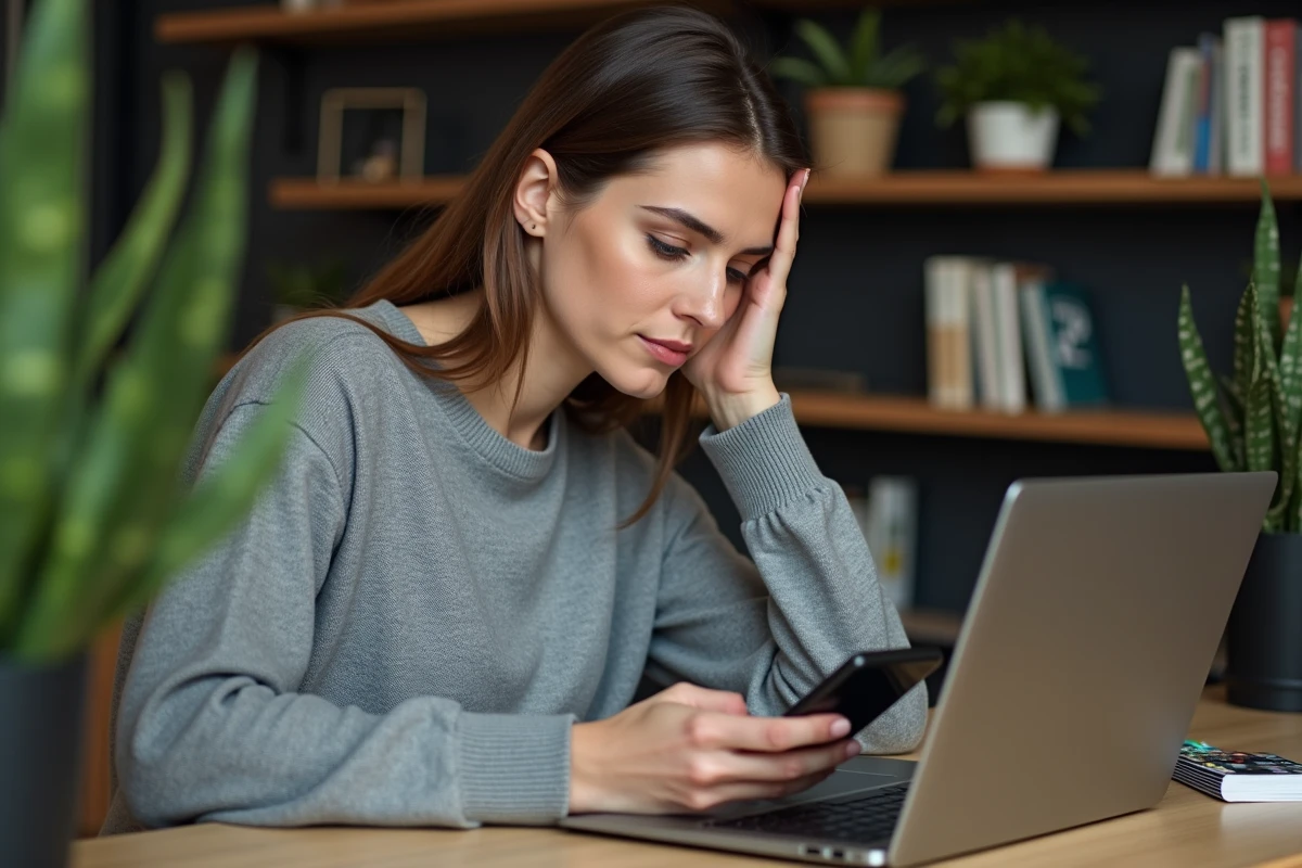 Femme utilisant un annuaire inversé gratuit sur ordinateur pour identifier un numéro de téléphone mobile