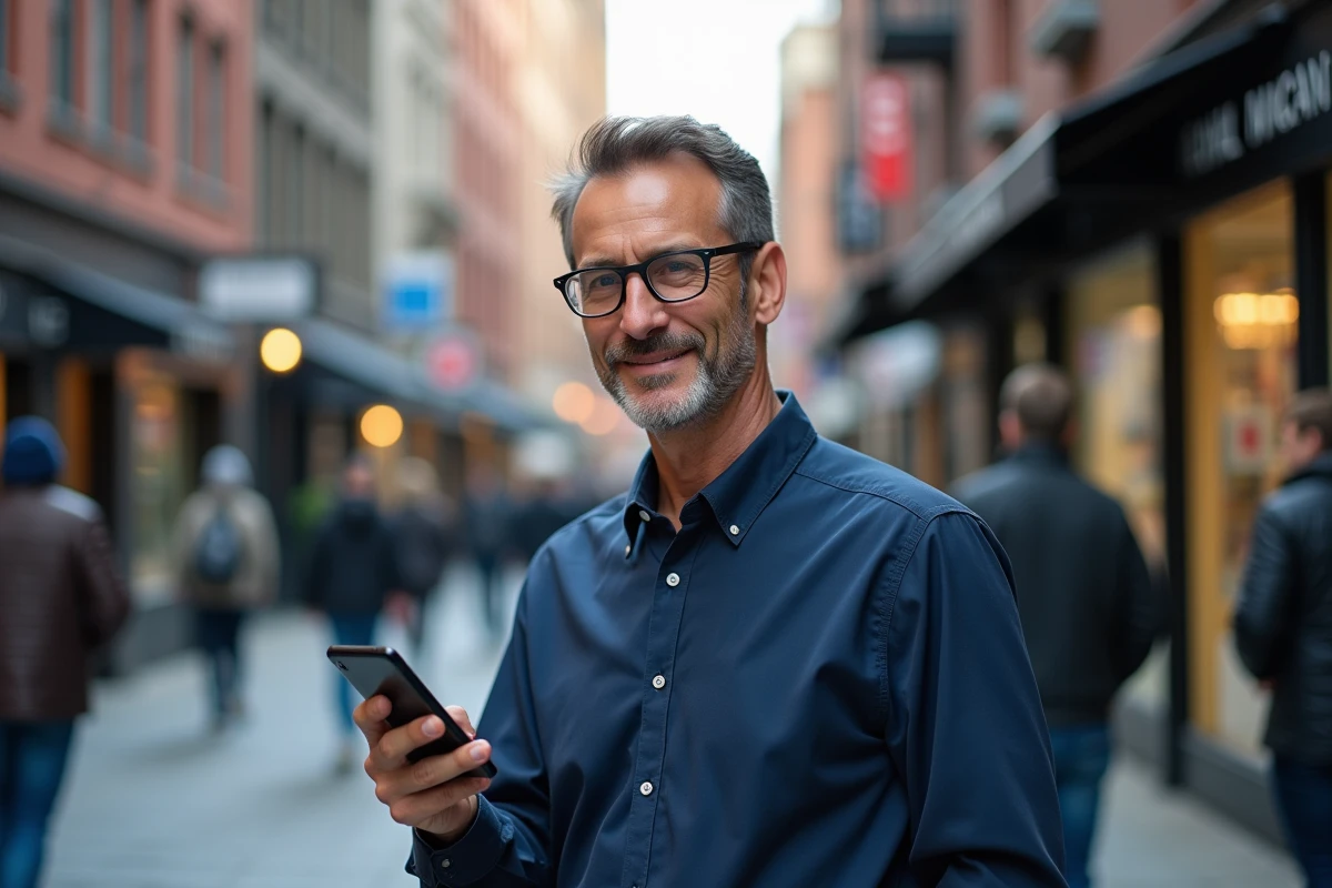 Homme en rue consultant un annuaire téléphonique inversé sur son smartphone pour retrouver un correspondant inconnu