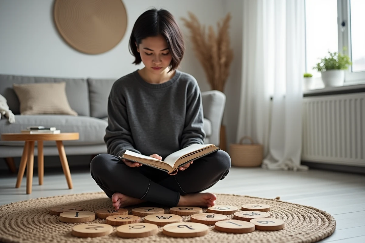 Jeune femme apprenant à mémoriser les runes avec des tuiles gravées et un livre de référence dans un appartement minimaliste
