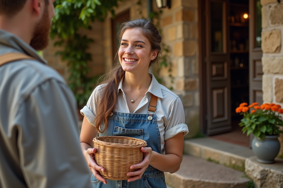 Jeune femme artisan tenant un panier en osier devant sa boutique