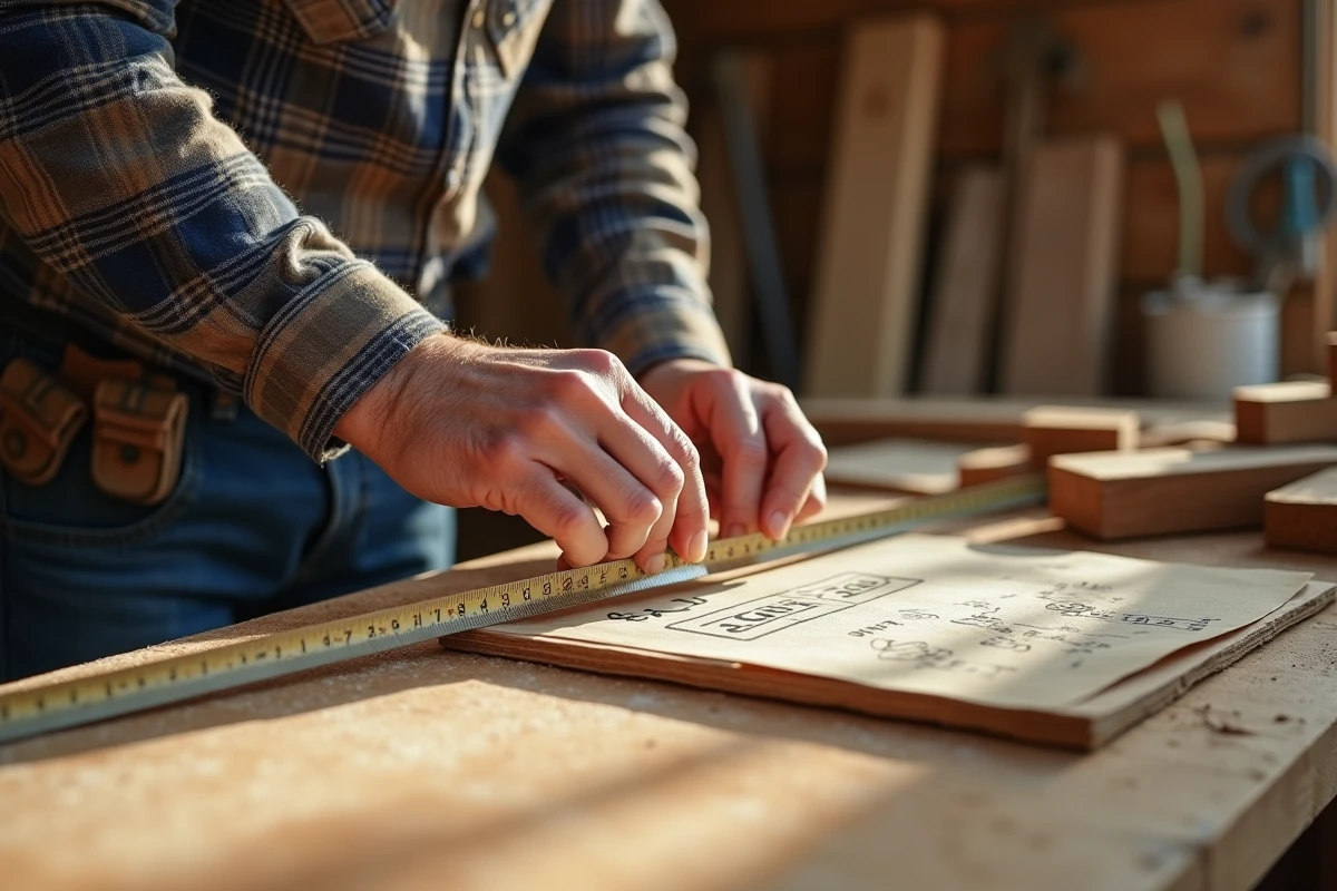 Artisan menuisier compare un mètre ruban et un tableau de conversion