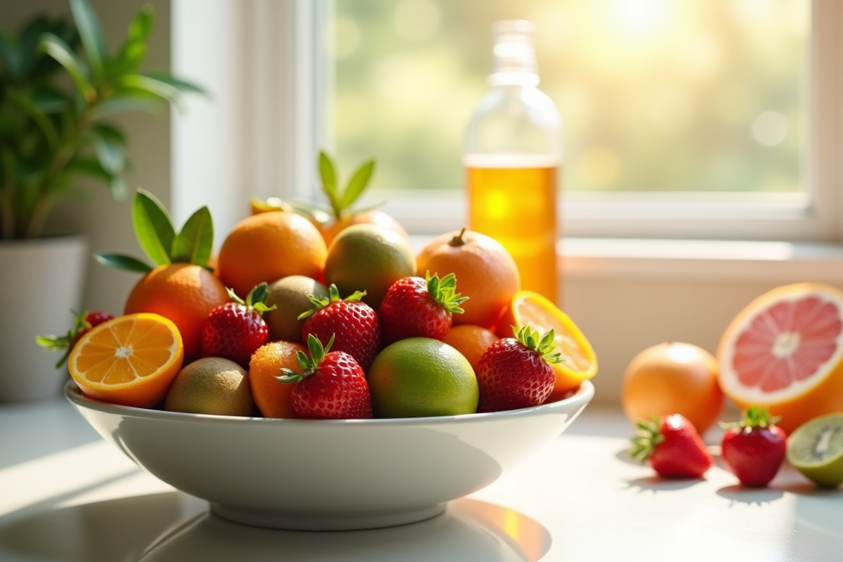 Assortiment de fruits riches en vitamine C sur un bol lumineux