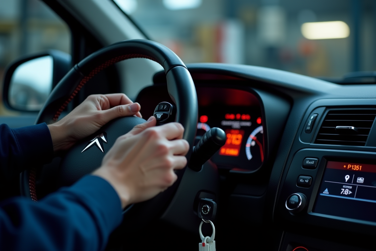 Mecanicien dans un atelier avec clé de voiture et voyant check engine