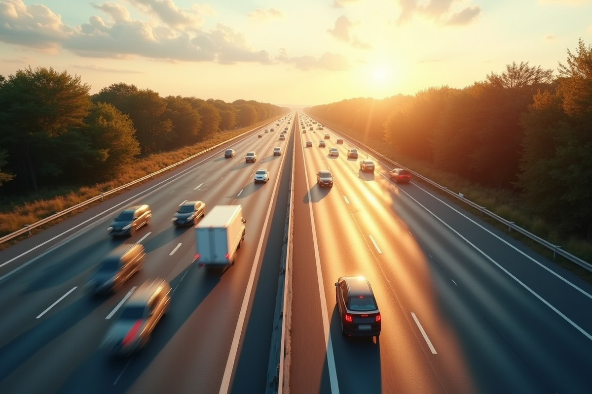 Autoroute en plein jour avec plusieurs voitures en mouvement
