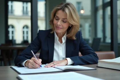 Avocate annotant un contrat commercial dans un cabinet juridique parisien, illustrant l'application de l'article 1112-1 du Code civil sur le devoir d'information précontractuelle