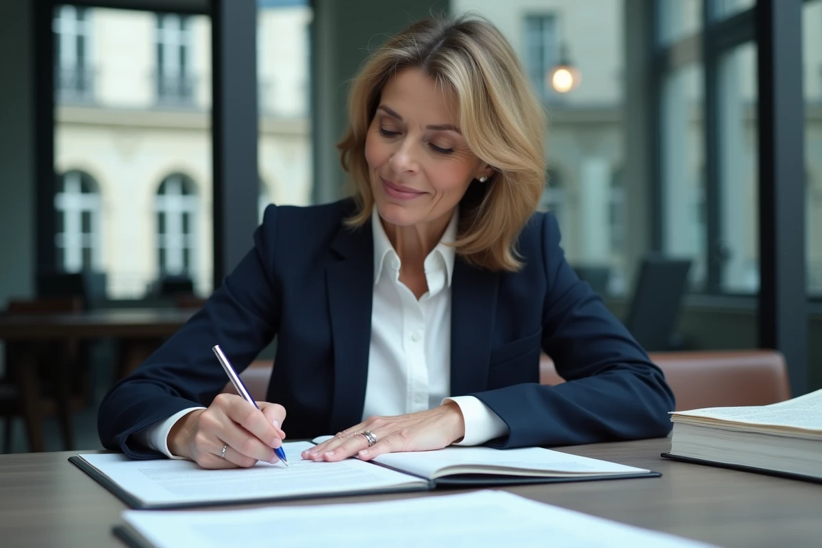 Avocate annotant un contrat commercial dans un cabinet juridique parisien, illustrant l'application de l'article 1112-1 du Code civil sur le devoir d'information précontractuelle