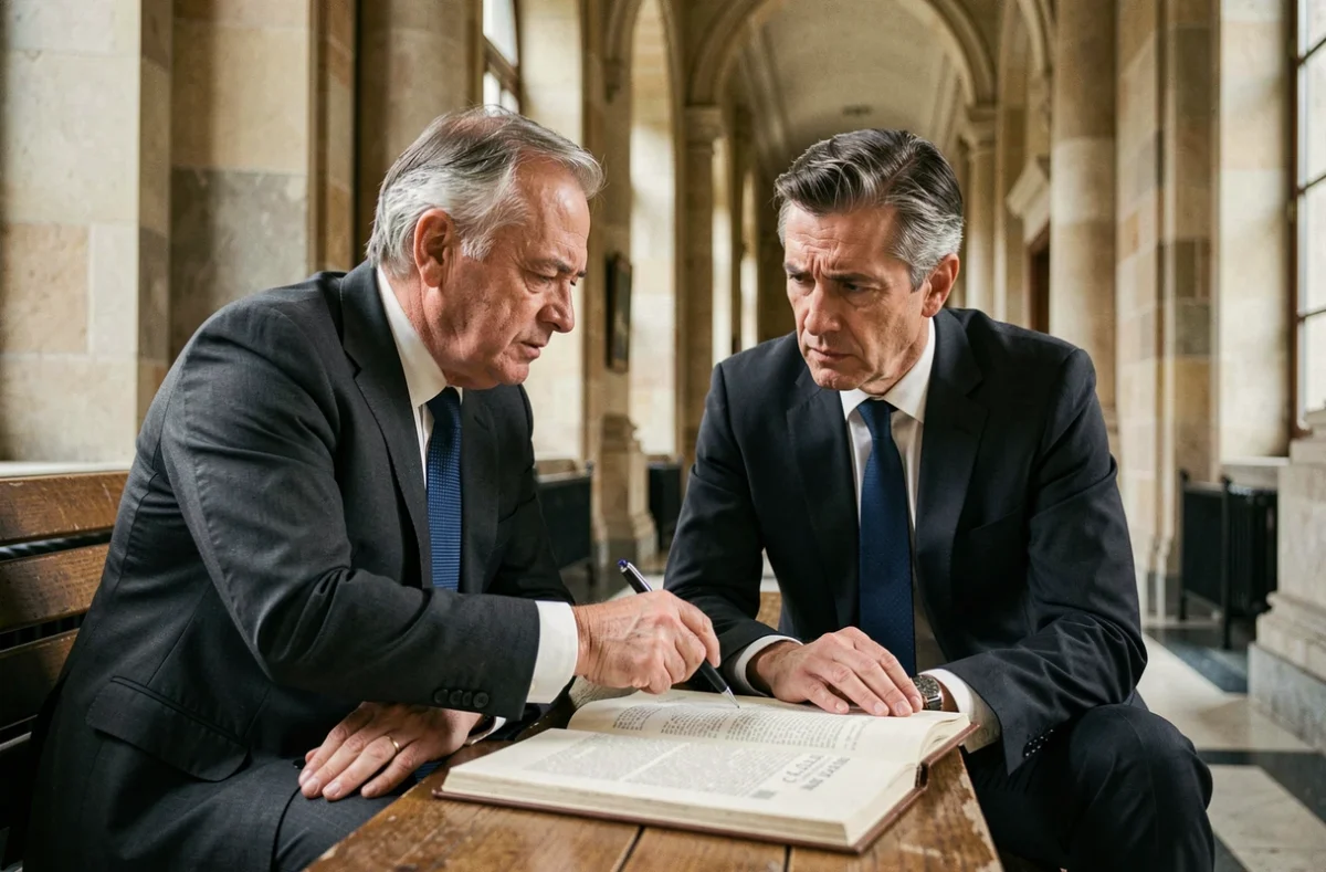 Deux avocats discutant de la caducité du code civil dans le couloir d'un palais de justice