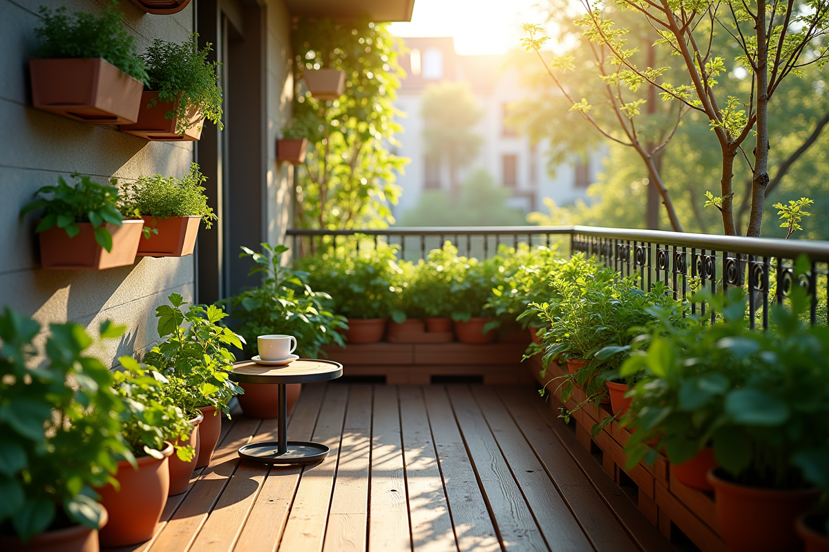 Balcon urbain avec plantes aromatiques et coin café
