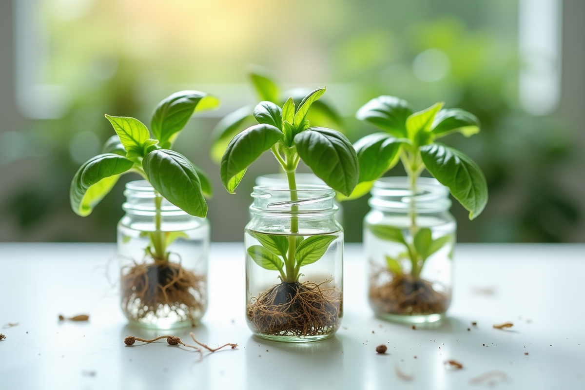 Racines de basilic en croissance dans des bocaux d