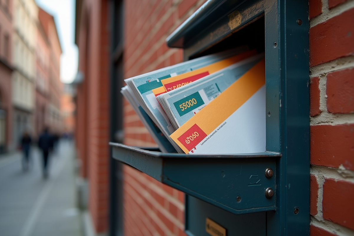 Enveloppes colorées dans une boîte aux lettres à Lille avec le code 59000