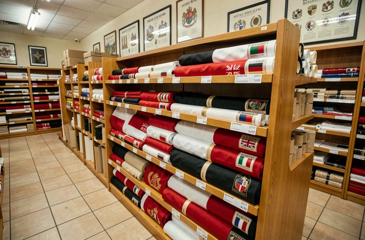 Rayon d'une boutique spécialisée présentant plusieurs drapeaux rouge blanc noir de différentes tailles avec étiquettes de prix