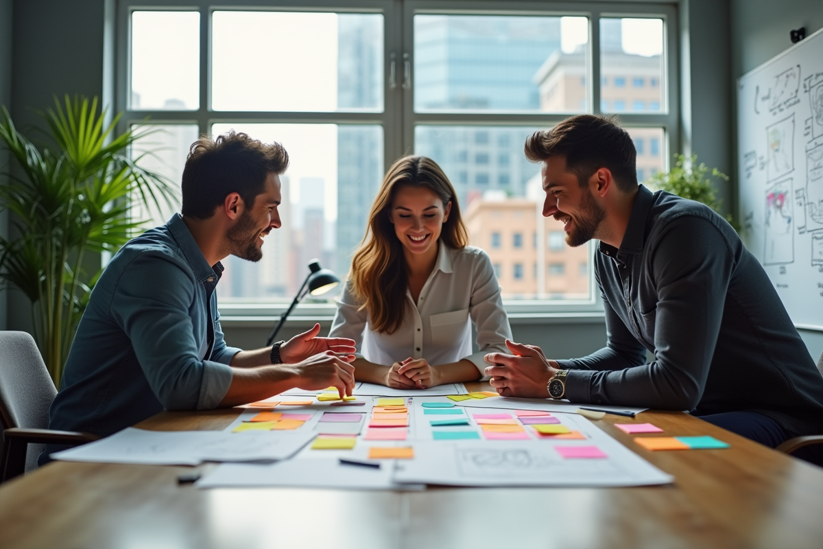 Groupe de jeunes adultes en réunion dans un espace collaboratif