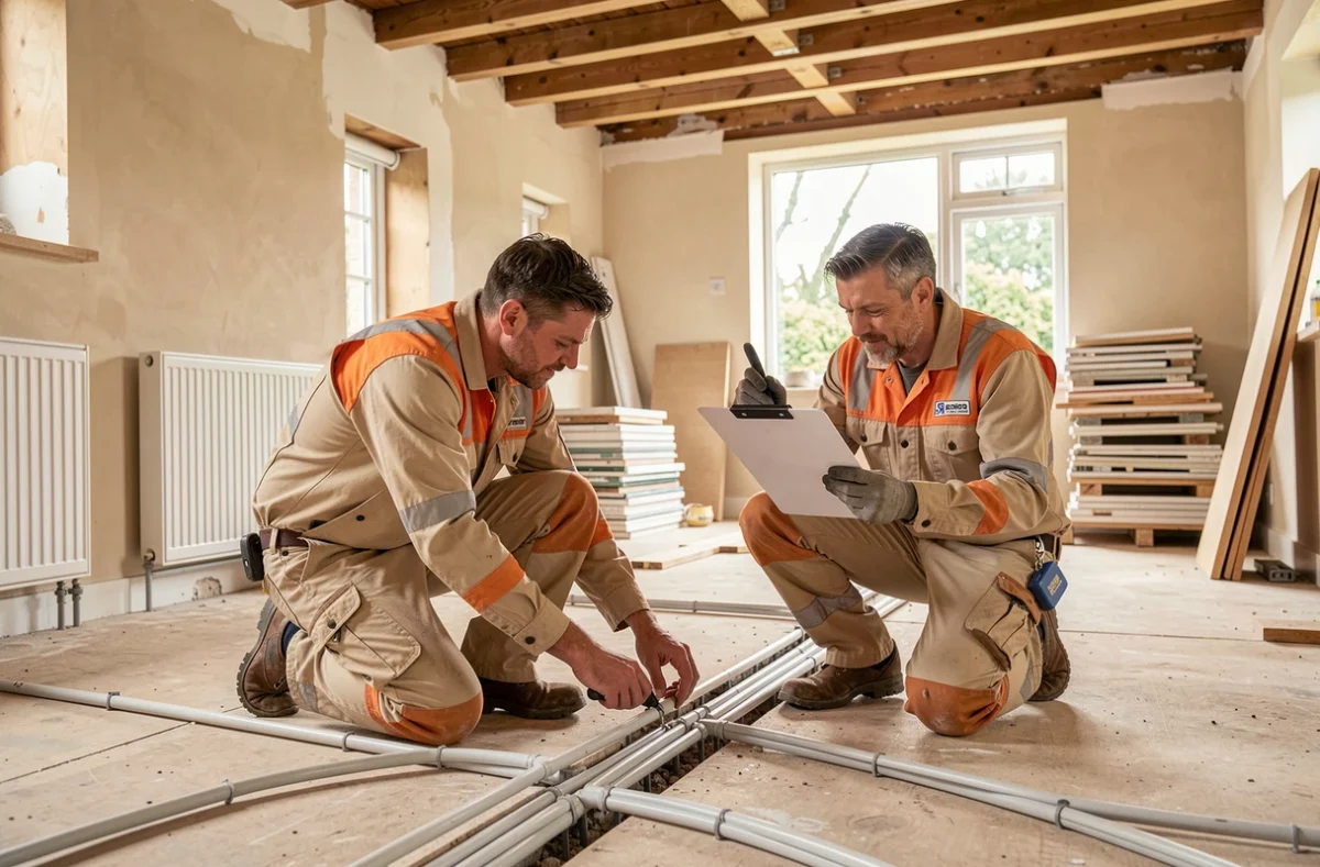 Deux techniciens de Breton Vedrenne Associés installant un réseau de radiateurs dans une maison en rénovation dans les Yvelines