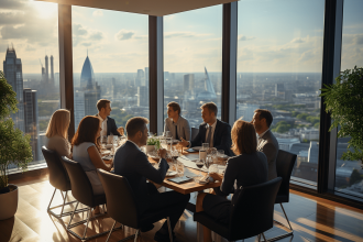 Séminaire d'entreprise avec participants engagés et échanges dynamiques