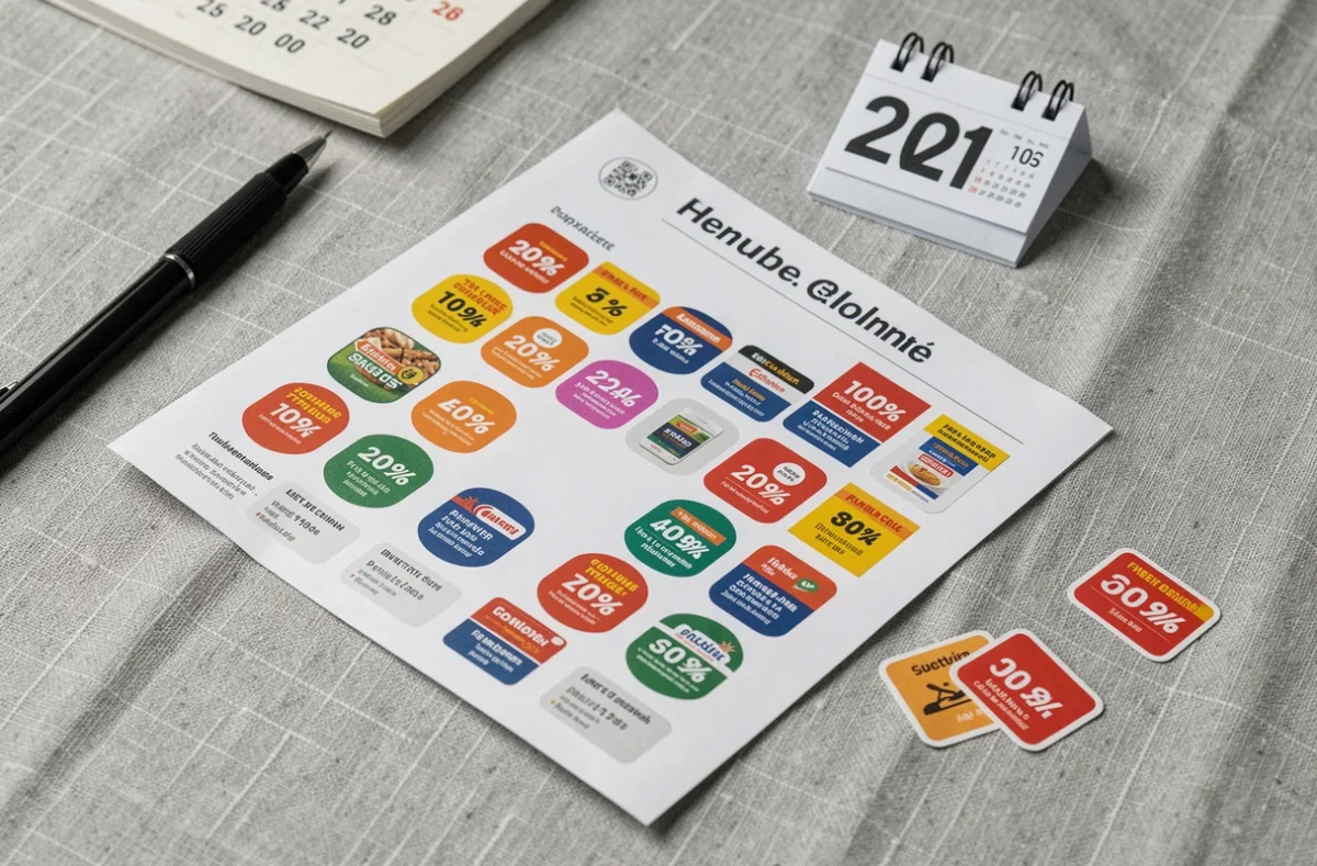Vue de dessus d'un carnet de vignettes Intermarché 2026 posé sur une table avec un calendrier et des autocollants de réduction fidélité