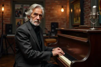 Chanteur français des années 60 assis au piano dans un studio d'enregistrement vintage parisien, ambiance nostalgique et authentique