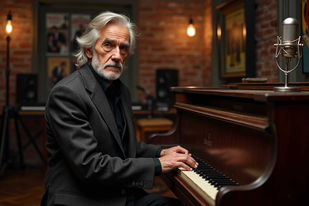 Chanteur français des années 60 assis au piano dans un studio d'enregistrement vintage parisien, ambiance nostalgique et authentique