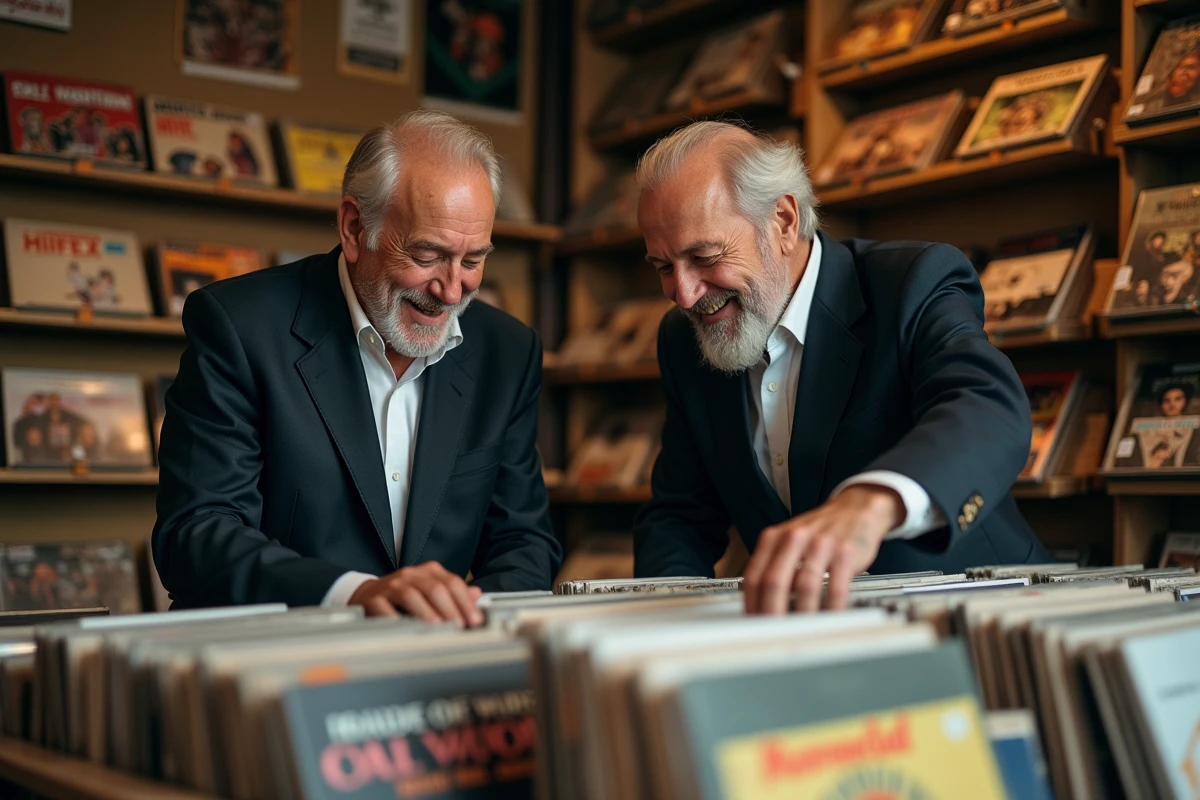 Deux chanteurs français des années 60 qui fouillent des bacs à vinyles dans une boutique de disques vintage à Paris, ambiance complice et nostalgique