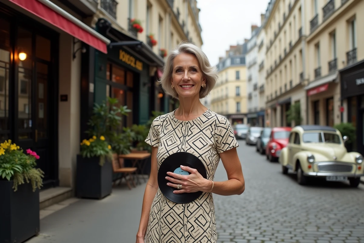 Chanteuse française inspirée des années 60 tenant un vinyle dans une rue pavée de Montmartre avec une robe vintage en imprimé géométrique