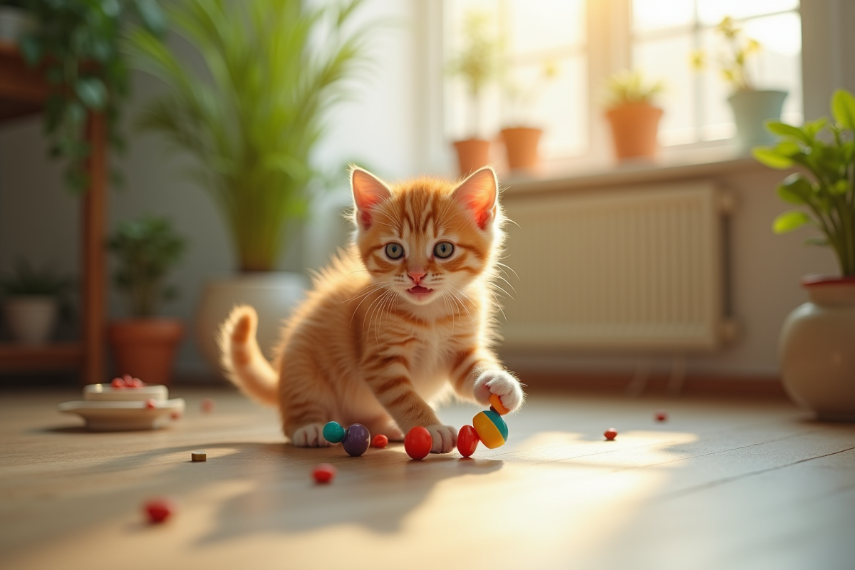 Chaton orange jouant avec un jouet dans un salon chaleureux