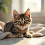 Chaton tabby allongé sur une couverture ensoleillée