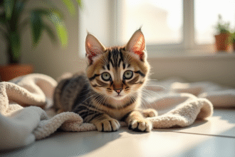 Chaton tabby allongé sur une couverture ensoleillée