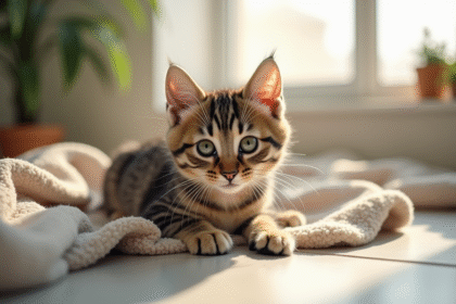 Chaton tabby allongé sur une couverture ensoleillée