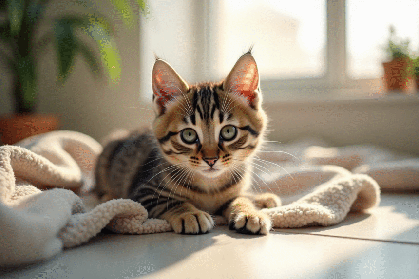 Chaton tabby allongé sur une couverture ensoleillée