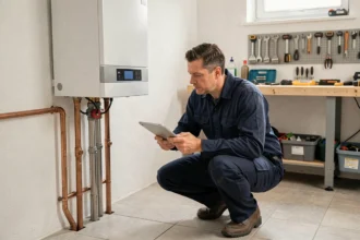 Chauffagiste professionnel dans les Yvelines inspectant une chaudière murale dans une maison résidentielle
